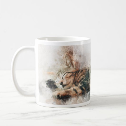 きれいな可愛い子猫の寝水色 コーヒーマグカップ (左)