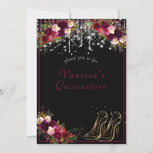 きれいな赤いバラ きらきらした星 ハイヒール キンセ 招待状 (正面)