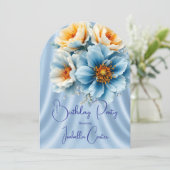 きれいな青い黄色の花の誕生日パーティー 招待状 (スタンド正面)