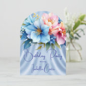 きれいな青とピンクの花の誕生日パーティー 招待状 (スタンド正面)
