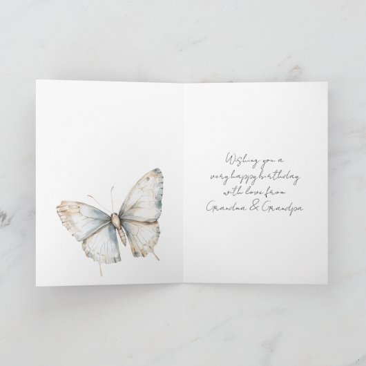 きれいな青と白の蝶の花の誕生日 カード (内部)