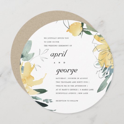 きれいな黄色の水色のフローラ結婚式の招待 サンキューカード (正面/裏面)