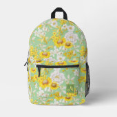 きれいな黄色の緑の花のパターンのモノグラムガール プリントバックパック (正面)