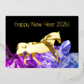 くしゃくしゃになった紙に乗る馬 – happy new year 20xx 箔シーズンカード (正面)