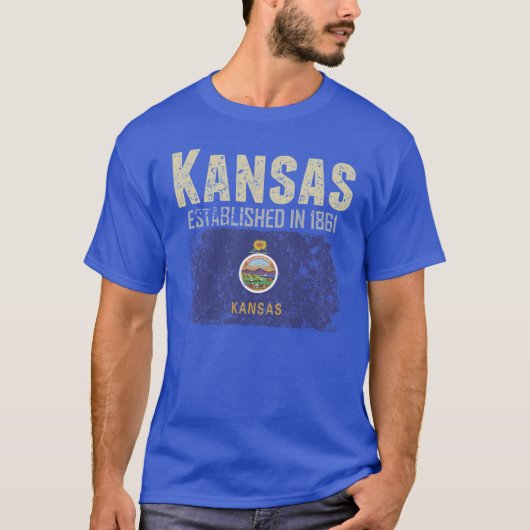 くしゃくしゃ加工のフラグ付きカンザス州の服  Tシャツ (正面)