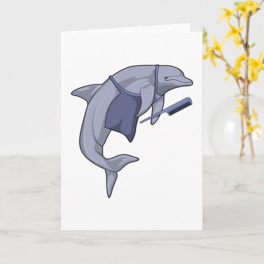 くしを持った美容師としてのイルカ カード (黄色い花)