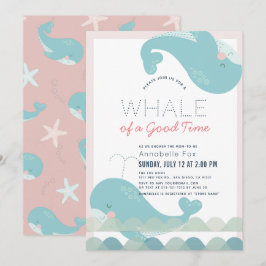 くじらに乗って楽しい時間 ピンクの女の子 ベビーシャワー 招待状