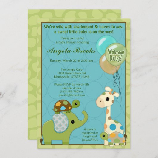 くすくす笑いの集団のベビーシャワー招待状動物 招待状 (正面/裏面)