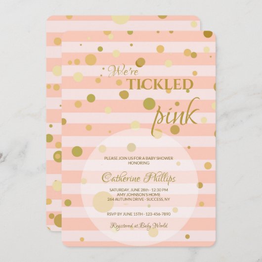 くすぐったピンク色の赤ちゃんシャワー 招待状 (正面/裏面)