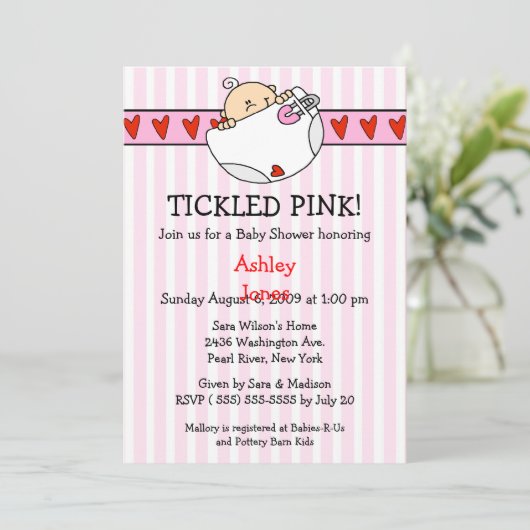 くすぐられたピンクのおむつの女の赤ちゃんのシャワーの招待状 招待状 (スタンド正面)