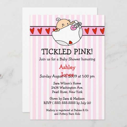 くすぐられたピンクのおむつの女の赤ちゃんのシャワーの招待状 招待状 (正面/裏面)