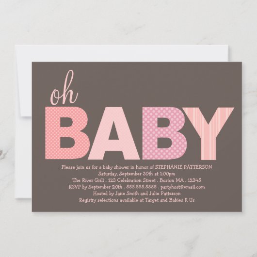 くすぐられたピンクのOh女の赤ちゃんのモダンなベビーシャワー 招待状 (正面)