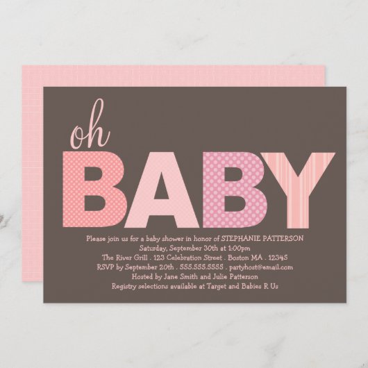 くすぐられたピンクのOh女の赤ちゃんのモダンなベビーシャワー 招待状 (正面/裏面)