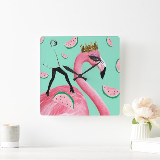 くすぐられたピンク及びティール(緑がかった色)のフラミンゴのかわいいポップアートの時計 スクエア壁時計 (ホーム)