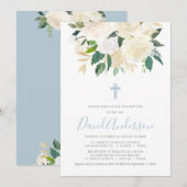 くすみブルーのクロスにクリーム色の花模様、男の子の洗礼 招待状 (正面/裏面)