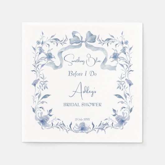 くすみブルーの花リボン エレガントな結婚前お祝いパーティー スタンダードカクテルナプキン (正面)