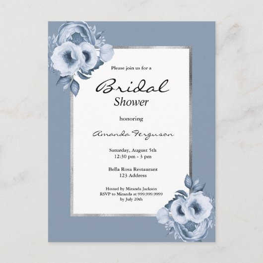 くすみブルーの花柄ホワイト ウェディングシャワー招待状 ポストカード (正面)