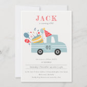 くすんだグレーとブルーのパーティーケーキトラック 招待状 (正面)