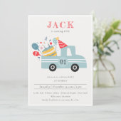 くすんだグレーとブルーのパーティーケーキトラック 招待状 (スタンド正面)