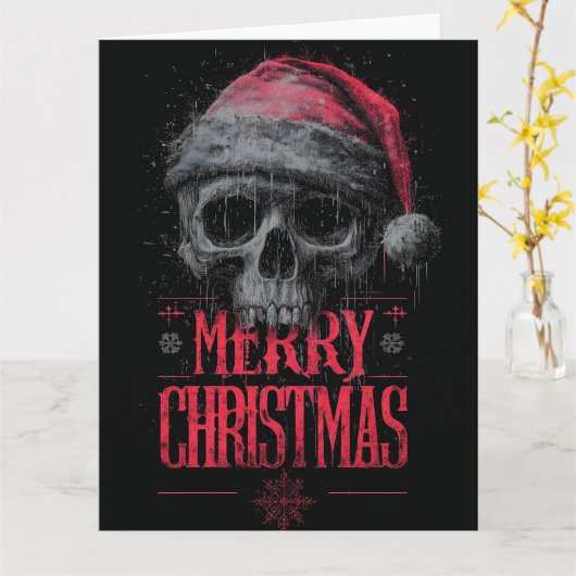 くすんだゴシックドクロがダメージジーンズのサンタ帽をかぶったイラスト カード (黄色い花)