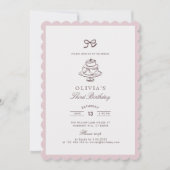 くすんだピンクの弓、ピンクのストライプ | 茶色の誕生日招待状 招待状 (正面)