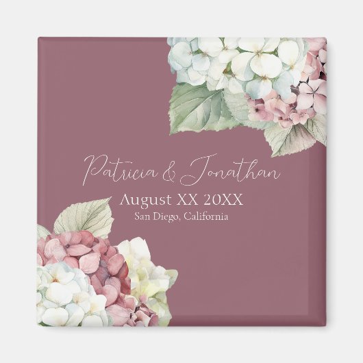 くすんだピンクの背景にピンクと白の水彩ハイドランジアの花 マグネット (正面)