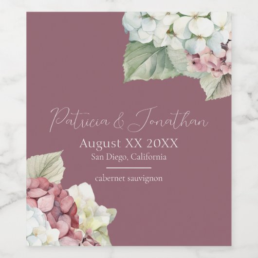 くすんだピンクの背景に水彩画のピンクと白のハイドランジアの花 ワインラベル (シングルラベル)