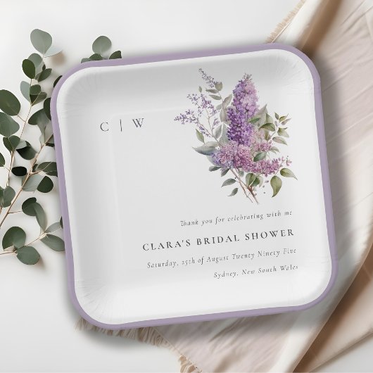 くすんだライラックの水彩コテージ フローラ ブライダル シャワー ペーパープレート