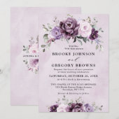 くすんだ紫の花のムードのあるフラワーの結婚式 招待状 (正面/裏面)