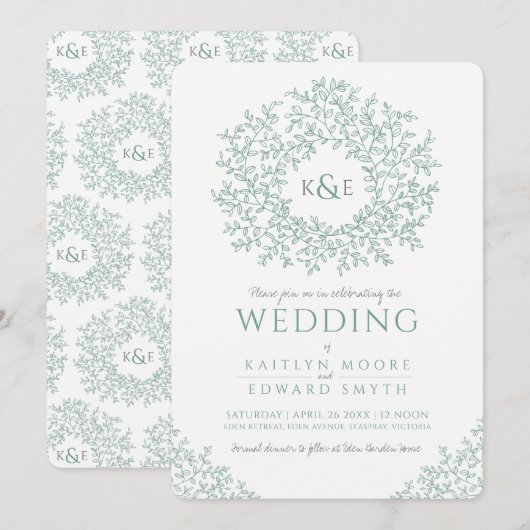 くすんだ緑の手描きの葉のモノグラムアートの結婚式 招待状 (正面/裏面)