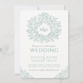 くすんだ緑の手描きの葉のモノグラムアートの結婚式 招待状 (正面)