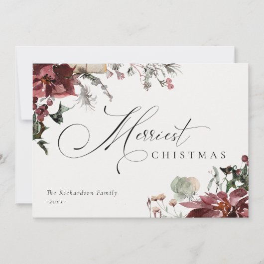 くすんだ赤いポインセチアの花の最も楽しいクリスマス シーズンカード (正面)