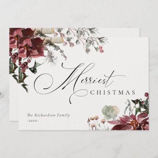 くすんだ赤いポインセチアの花の最も楽しいクリスマス シーズンカード (正面/裏面)