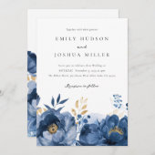 くすんだ青とゴールドの花柄結婚式招待状 招待状 (正面/裏面)