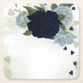 くすんだ青とネイビーブルーの花と緑 スクエアペーパーコースター (正面)