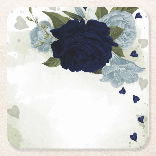 くすんだ青とネイビーブルーの花と緑 スクエアペーパーコースター (正面)
