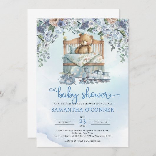 くすんだ青とベージュの花を持つテディベア 招待状 (正面/裏面)