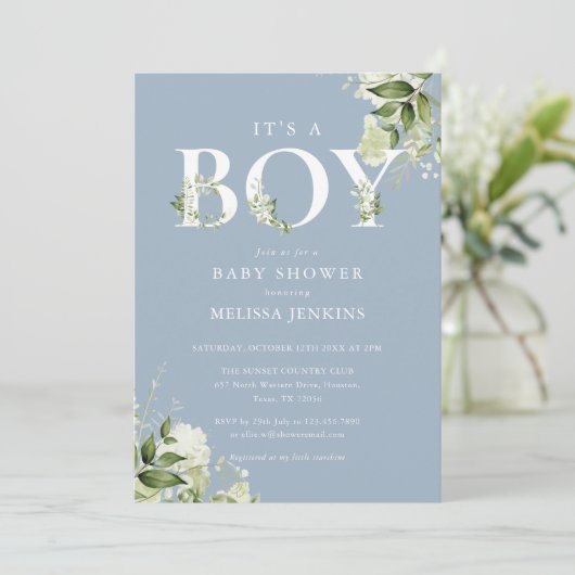 くすんだ青のボーイグリーン写真ベイビーシャワー 招待状 (スタンド正面)