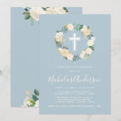 くすんだ青の十字架にクリーム色の花模様、男の子の洗礼 招待状 (正面/裏面)