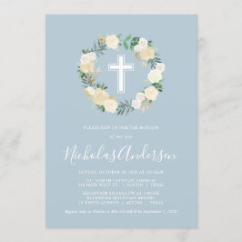 くすんだ青の十字架にクリーム色の花模様、男の子の洗礼 招待状