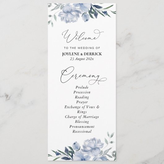 くすんだ青の花の結婚式プログラム プログラム (正面)