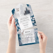 くすんだ青灰色の冬のフクロウの葉の雪山 オールインワン招待状 (貼ってはがせる)