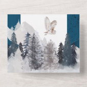 くすんだ青灰色の冬のフクロウの葉の雪山 オールインワン招待状 (裏面)