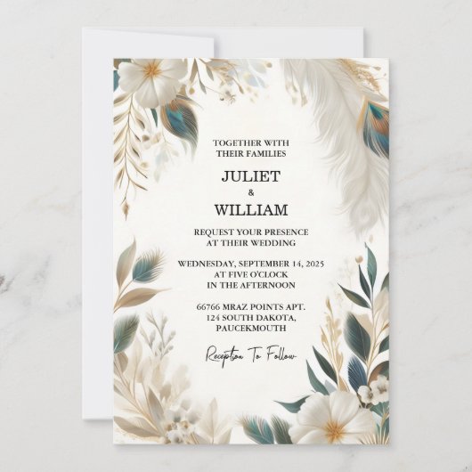 くちばしと羽毛が調和したアジアンスカイクラウドピーコックウェディング 招待状 (正面)