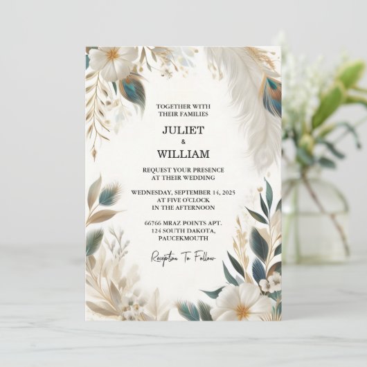 くちばしと羽毛が調和したアジアンスカイクラウドピーコックウェディング 招待状 (スタンド正面)