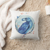 くちばしの水色にベリーを入れたカラス クッション (ブランケット)