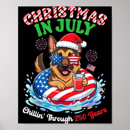 くつろぐクリスマスのウルフ系ジャーマンシェパード ポスター (正面)