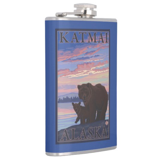 くまおよびカブス- Katmai、アラスカ フラスク (右)