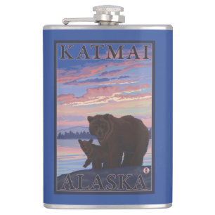くまおよびカブス- Katmai、アラスカ フラスク