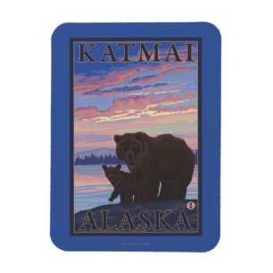くまおよびカブス- Katmai、アラスカ マグネット